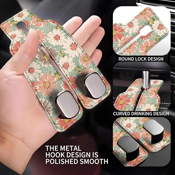 AXBSAKDI Car Seat Back Storage Headrest Hook, Premium Leather Double Metal Hook, Hanger Storage Organizer for Purse Cloth Bag, Car Interior Accessories Cute Retro Flowers