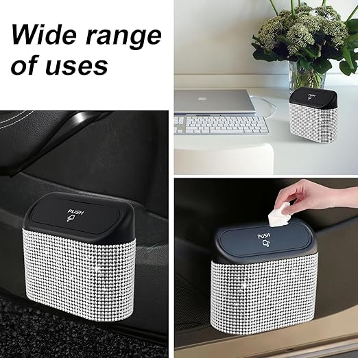 Bling Car Trash Can with Lid Mini Auto Garbage Bin Rhinestone Hanging Vehicle Trash Container Odor Proof Organizer (White)