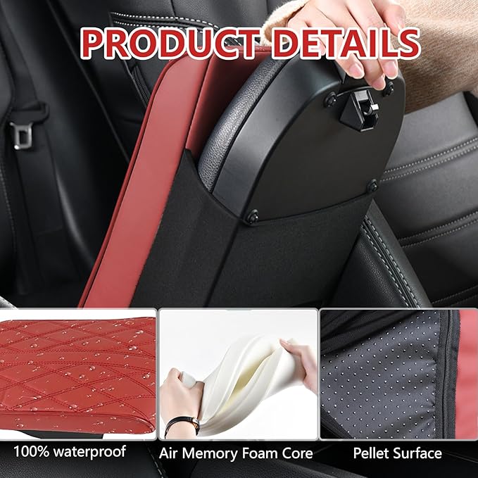 Memory Foam Car Armrest Cushion, 13"×8.3"×2" Leather Car Armrest Cover Pad, Auto Center Console Cover, Universal Vehicle Arm Rest Cover Protector, Interior Car Accessories (Wine Red)