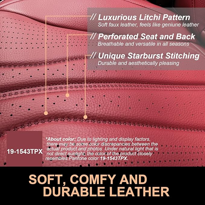 PINCTROT Car Seat Covers Front Set, Breathable Soft Pebbled Leather, Luxury Waterproof Seat Cushion, Airbag Compatible, Seat Protector Universal Fit Most Cars (Front Set, Wine Red)