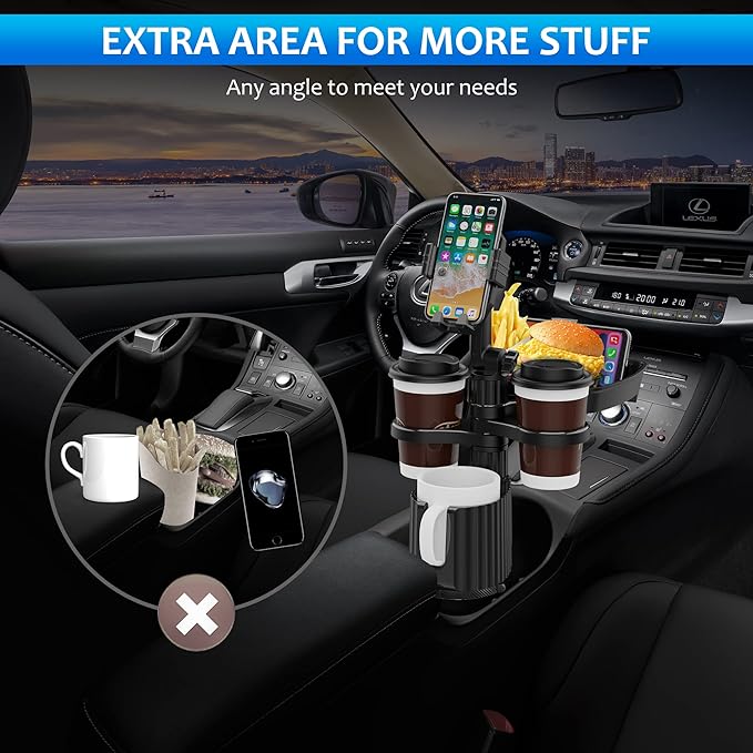 Car Cup Holder Extender Tray, 5-in-1 Removable Car Food Tray, Three Cup Holders and Width Adjustable Swivel Phone Holder, Additional widening Pads Make it Suitable for Most car Models
