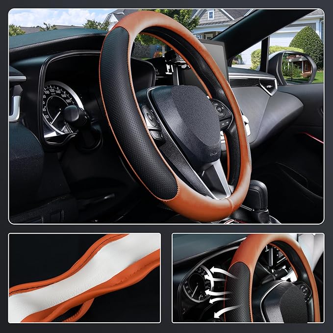 SEG Direct Steering Wheel Cover for 14.5-15 inch Wheels, Breathable PU Leather with Perforated Sides, Anti-Slip Grip, Universal Fit for Cars & SUVs, Black and Orange