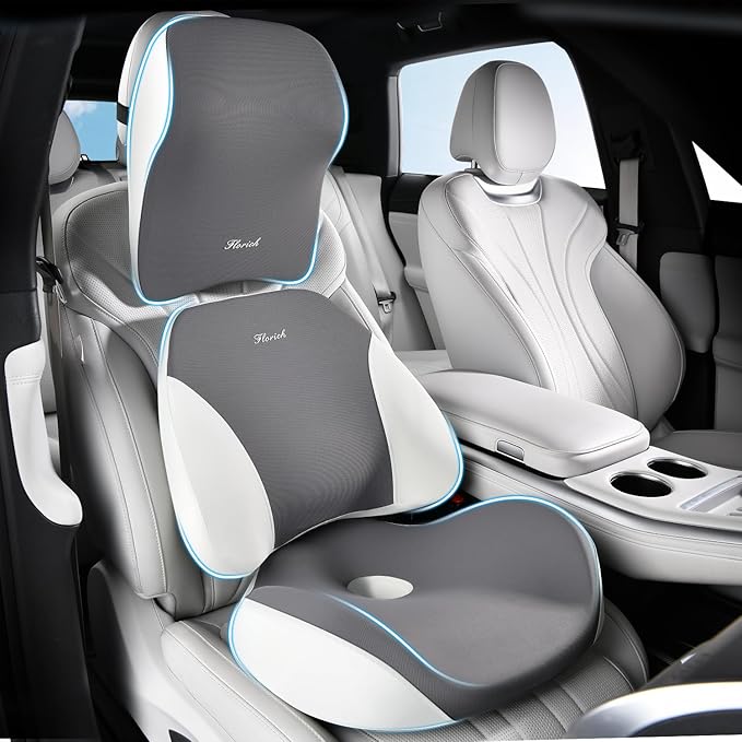 FLORICH Car Seat Cushion & Lumbar Support Pillow & Car Neck Pillow Ergonomic and 100% Memory Foam, Upgraded Larger and Breathable Car Seat Cushion & Back Support Pillow - Grey