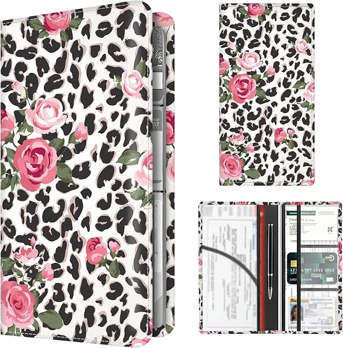 BAUCIWLD Premium Car Registration and Insurance Card Holder, Cute PU Leather Car Document Holder, Vehicle Glove Box Car Organizer with Magnetic Closure for Driver License, Cards Leopard Rose
