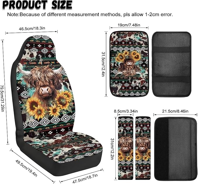 Qeluxign Car Seat Covers 2 Front Seats Universal Center Console Protector Auto Seat Belt Cover Against Stains, Spills, Dust Car Interior Accessories 5 Piece Set,Highland Cow Sunflower Tribal