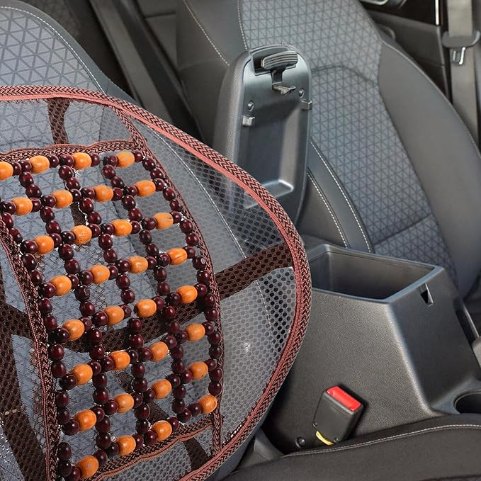 Car Seat Cushion Lumbar Support Pillow with Wood Beads and Ventilated Backrest, Breathable Car Waist Cushion for Driving, Office Chair, and Long Sitting