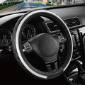 Road Comforts Leather Steering Wheel Cover – Black & Silver, Universal Fit 14.5-15 Inch, Microfiber Leather, Anti-Slip & Breathable Design for Men and Women