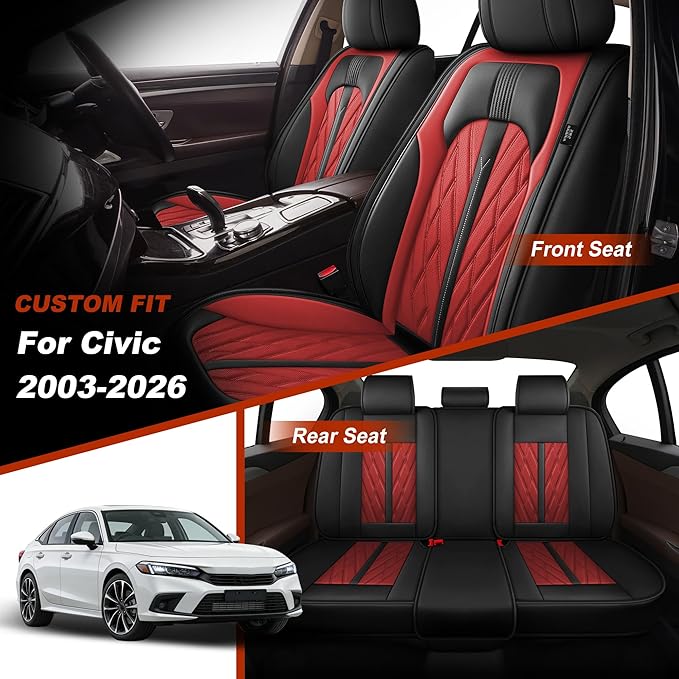 TTX LIGHTING Seat Covers Fit for Honda Civic 2003-2026 Seat Covers Full Set Car Seat Covers Faux Leather Breathable Waterproof Car Seat Protector (5 Seats, Black&Red)
