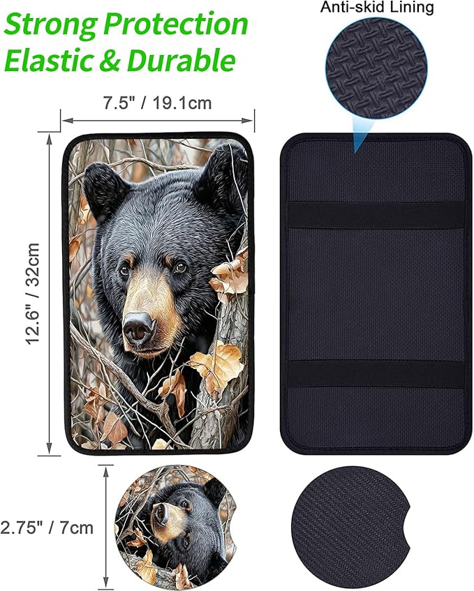 JANENFNA Car Armrest Cover Pads Universal Fashion Cute Auto Center Console Armrest Cover Pad with 2PCS Car Coasters Soft Waterproof Car Armrest Seat Protector for Women,Cute Black Bear