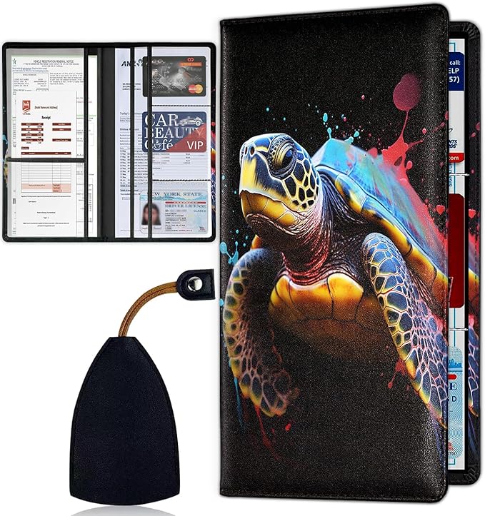 Car Document Holder with Magnetic Shut, Car Registration & Insurance Card Holder, Waterproof PU Leather Glove Box Organizer Vehicle Accessories Driver License for Women/Men, Watercolor Sea Turtle