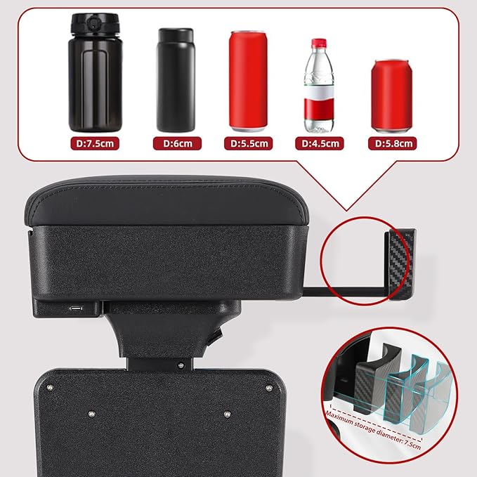 RUPSE Universal Car Armrest Storage Box with Cup Holder, USB/Type-C Ports, Adjustable Wrist Support,Center Console Organizer for Most Vehicles