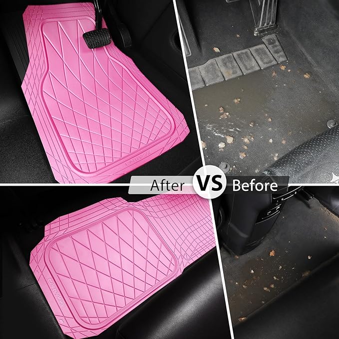 CAR PASS Heavy Duty Rubber Car Floor Mats, Deep Dish All Weather Car Mats Full Set, 3 Piece Waterproof Premium Anti-Slip Floor Mats Rugs Universal Trim to Fit for 95% Sedan SUV Van Truck, Pink
