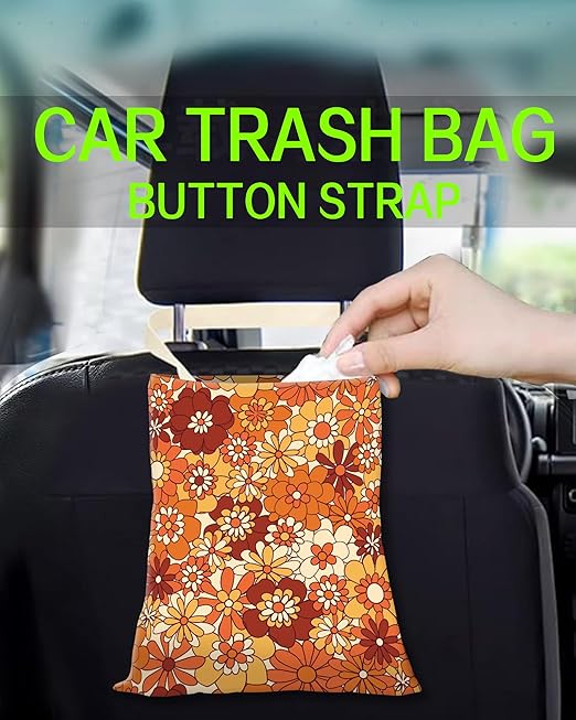 ANKVRP Car Trash Can, Durable Hanging Car Trash Garbage Bag, Cute Automotive Garbage Cans Organizer, Boho Orange Flowers