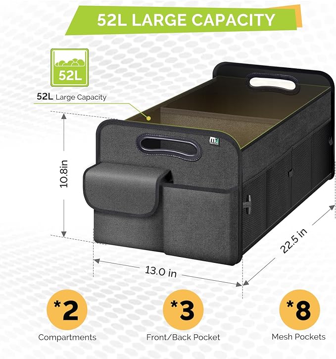 MIU COLOR Trunk Organizer for Car, Car Organizer, 8 Mesh Pockets Trunk Organizer for SUV, Non-Slip Bottom, Storage Organizer for Sedans, Van, Jeep, Grocery, 2 Compartments, Black 22"x13"x11"