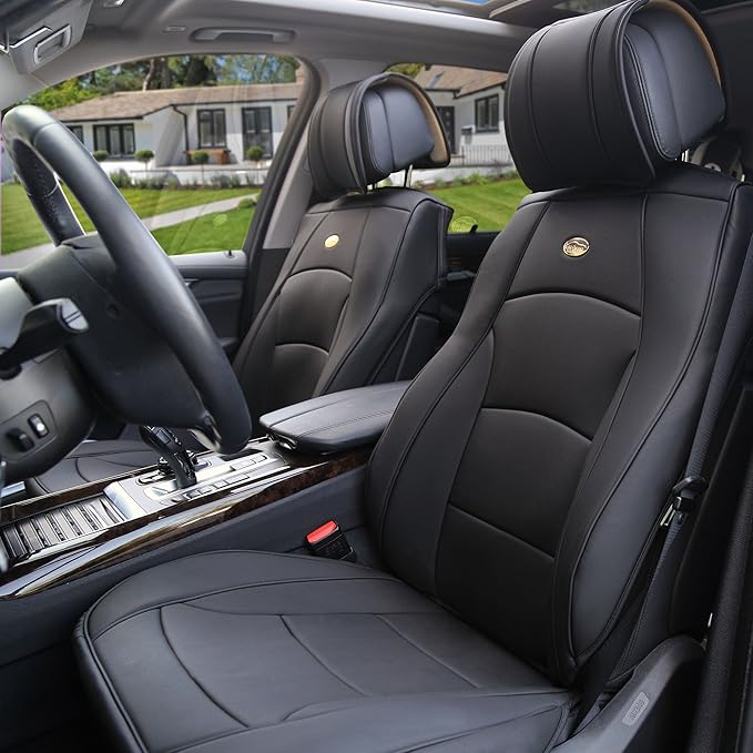 FH Group Front Set Faux Leather Seat Cushions - Car Seat Covers for Low Back Seat, Universal Fit, Airbag Compatible Car Seat Cover for SUV, Sedan, Solid Black