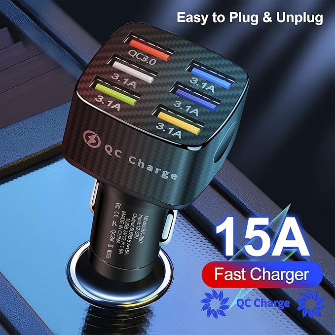 Amiss Car Charger Adapter, 6 USB Multi Port, Fast Charger, Include QC 3.0 and 5 Other Ports, Car Interior Accessories, Fit for iPhone 13/12/11/pro, Samsung Galaxy/Note S10/S9/S8 - Black（2PCS）