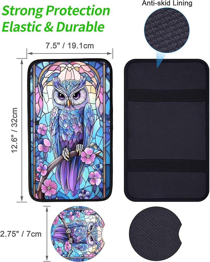 JANENFNA Car Armrest Cover Pads Universal Fashion Cute Auto Center Console Armrest Cover Pad with 2PCS Car Coasters Soft Waterproof Car Armrest Seat Protector for Women,Stained Glass Owl