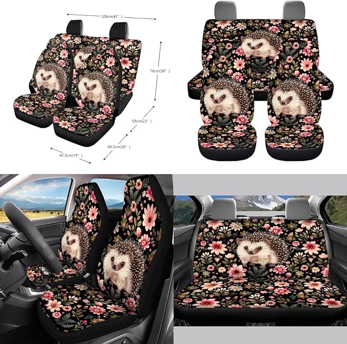 Hedgehog Flower Print Car Interior Accessories Sets, Flower Print Front Seat Covers and Rear Split Bench Seat Cover, Steering Wheel Protector, Universal Fits for Most Cars SUV Truck Sedan
