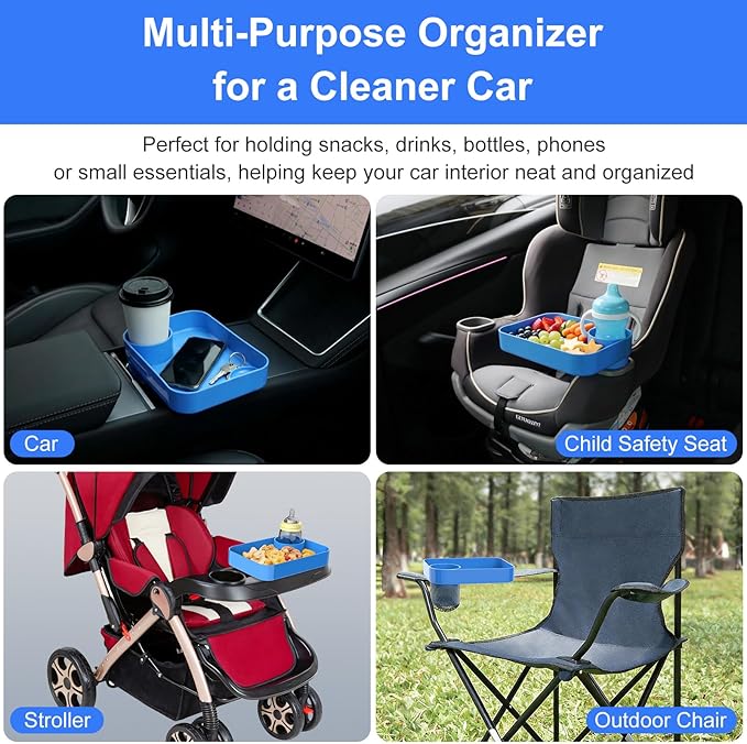 Kids Car Travel Tray Square for Kids Car Seat Snacks Trays, Car Seat Tray with Cup Holders for Toddler, Stroller, Tesla Travel Must Have (blue)