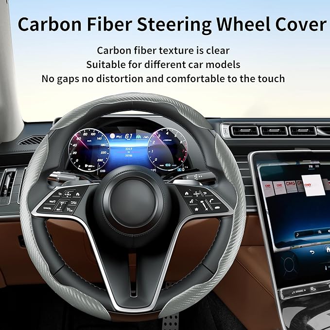 LevChall Carbon Fiber Steering Wheel Cover, 3-Piece Set Anti-Skid Comfortable Grip Segmented Butterfly Design, Easy Snap-On Installation Universal Fit 99% Cars, Gray