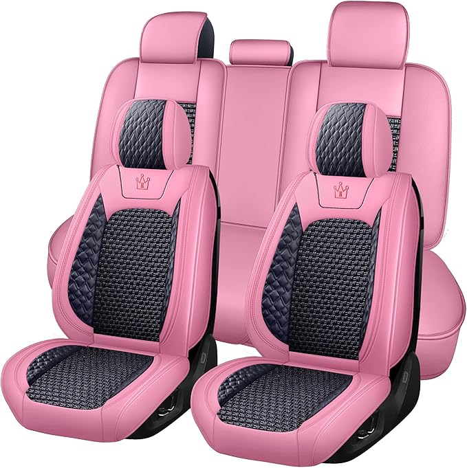 HighnessHwoo Luxury Car Seat Covers Full Set, Breathable Faux Leather Car Seat Protector, Dog Child Kids Summer Ventilated Seat Cushion for Front & Back Seats, Universal (Pink Black, 5 Seats)