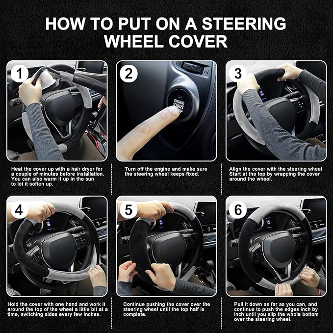 SEG Direct Car Steering Wheel Cover for F-150 Tundra Range Rover 15.25-16 inch, Warm Plush, Summer Winter, Black and Gray