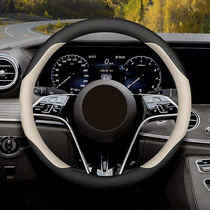 Mihecor Steering Wheel Cover Standard Size Medium 14.5-15 inch, Breathable Microfiber Leather, Anti-Slip, Soft Grip, Universal Fit for Cars SUVs Trucks, Black and Creamy White