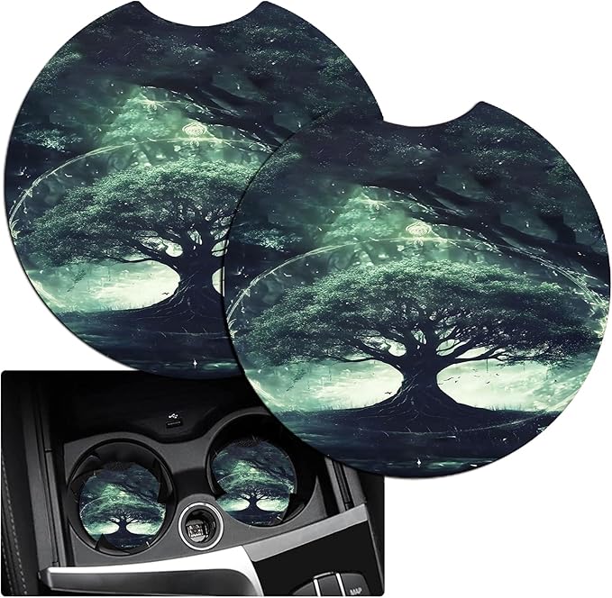 JANENFNA Car Armrest Cover Pads Universal Fashion Cute Auto Center Console Armrest Cover Pad with 2PCS Car Coasters Soft Waterproof Car Armrest Seat Protector for Women,World Tree