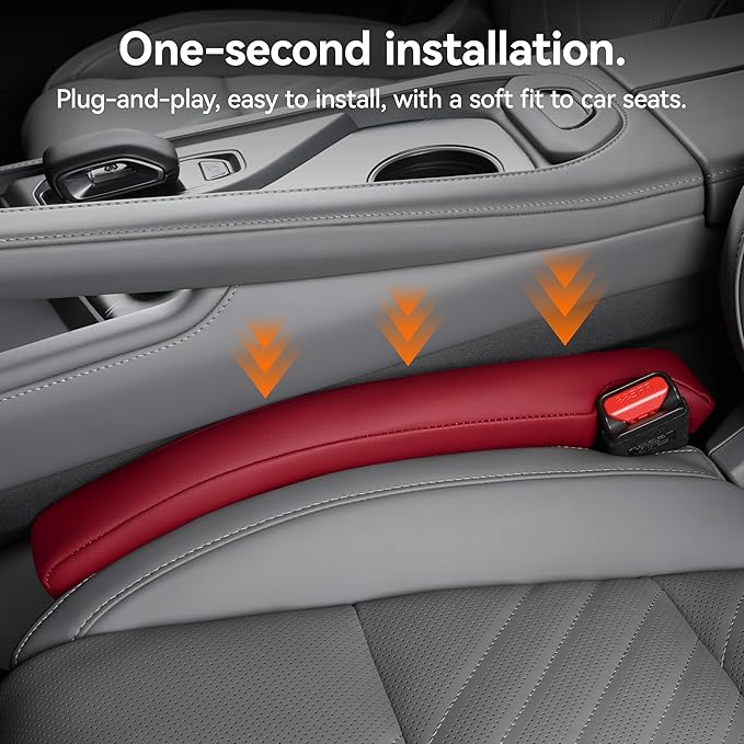 POKSRI Car seat Gap Filler, 2 Pack Leather Gap Organizers Stop Things from Dropping into The Gap Between seat and Console, Adjustable Width 1.4-2.4 inches Fits Most car/Truck/SUV, Accessories(Wine)