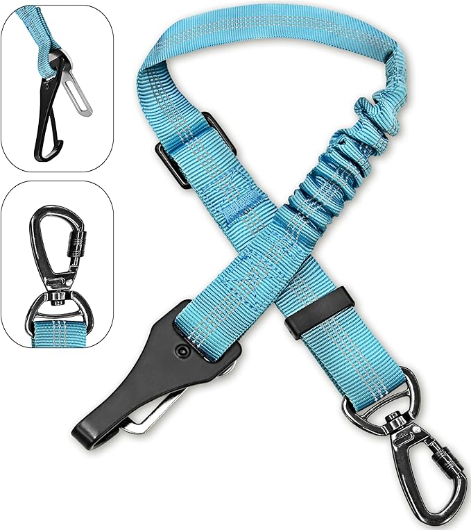 Dog Seat Belt for Car, Dog Car Harness Dog Seatbelt in Car, Safety Leash with Woven Elastic Nylon Buffer Adjustable Rotating Buckle and Dog Poop Bags (19.6-31.5in, Blue,Two Pack)
