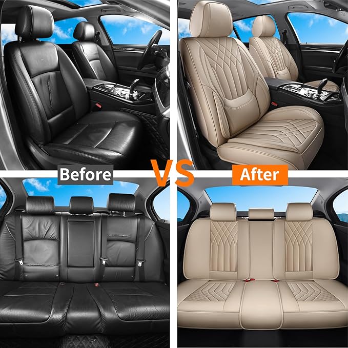 GEZHOUBA Car Seat Covers Full Set, Nappa Leather Seat Covers for Cars, Beige Car Seat Protector Waterproof, Car Seat Covers Front Seats and Back Fit for Most Cars SUVs Trucks