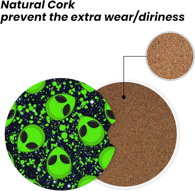 HUWAAI Alien Glaxy Sky Green Car Cup Holder Coasters 2 Pack Universal 2.63 Inch Anti Slip Ceramic Absorbent Coaster with Cork Base and Finger Notch Cute Car Accessories Interior for Women