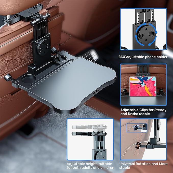 Foldable Travel Tray for Rear Passenger Seat, Car Food Trays for Eating, Car Desk for Laptop Working on The Road with Non-Slip Mat