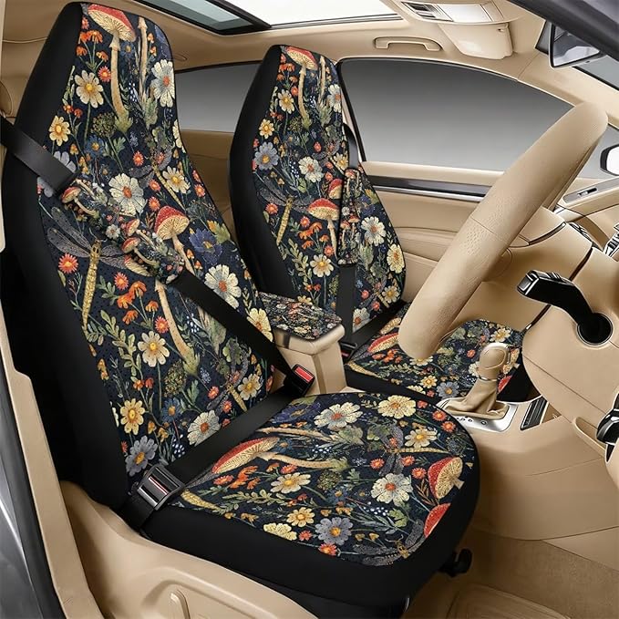 Oramclsy Mushroom 5 Pack Car Seat Covers Full Set with PU Breathable Armrest Pad PU Breathable Seat Belt Covers Universal Size Car Accessories