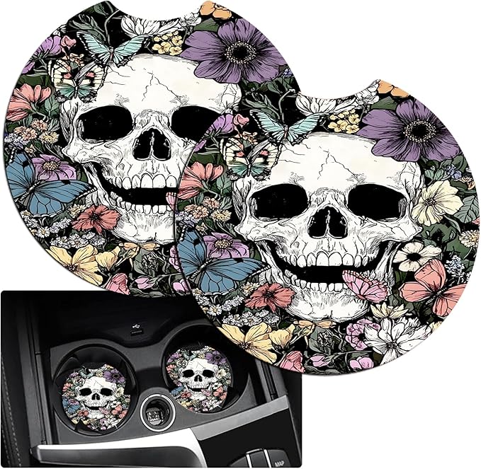JANENFNA Car Armrest Cover Pads Universal Fashion Cute Auto Center Console Armrest Cover Pad with 2PCS Car Coasters Soft Waterproof Car Armrest Seat Protector for Women,Flower Bush Skull