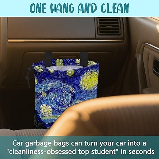 KXWQTRDD Car Trash Bag Abstract The Starry Night Leak-Proof Car Garbage Bag with Drawstring Foldable Canvas Trash Bin with Adjustable Buckle for Car Accessories