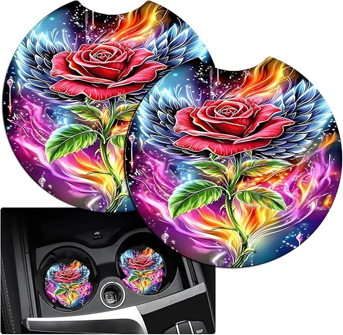 JANENFNA Car Armrest Cover Pads Universal Fashion Cute Auto Center Console Armrest Cover Pad with 2PCS Car Coasters Soft Waterproof Car Armrest Seat Protector for Women,Winged Rose