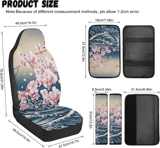 Oramclsy Cherry Blossom Car Seat Covers Set with PU Breathable Armrest Pad Seatbelt Pad 5 Pack Car Accessories Interior Decor Universal Size