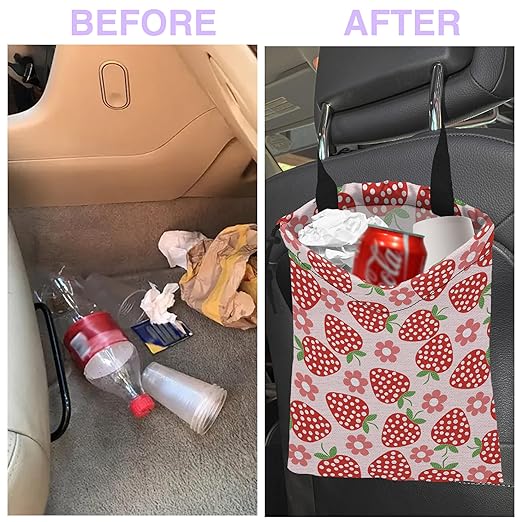 UUCBTAH Car Trash Bag Flowers and Strawberries Car Garbage Bag Waterproof Car Trash Can for Back Seat with Adjustable Straps and Drawstring, Foldable Car Trash Bin for Car Accessories