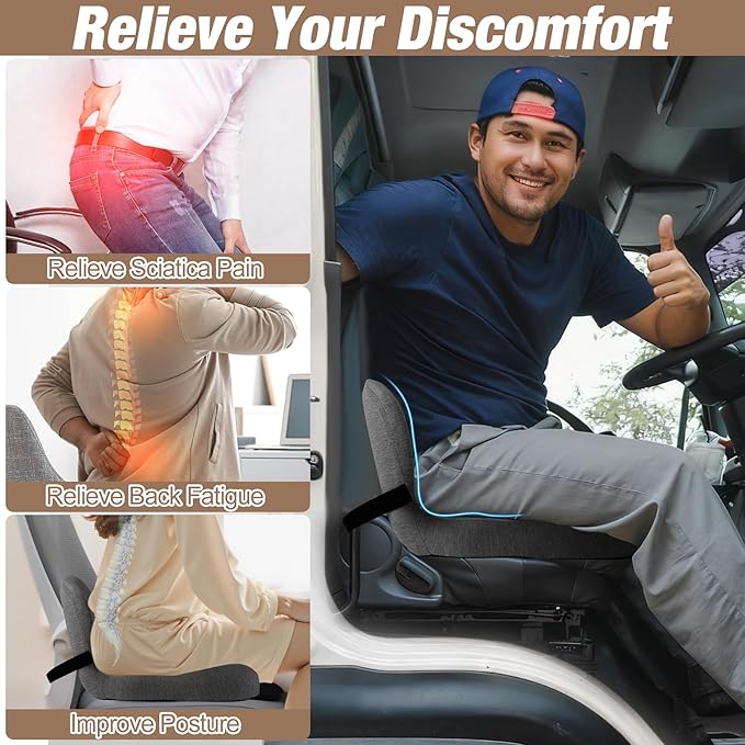 MYFAMIREA Truck Seat Cushion, Memory Foam Trucker Seat Cushion for Truck Driver Long Sitting with Adjustable Strap, Back Support and Pain Relief for Trucker Driving Office Chair and Pain, Dark Gray