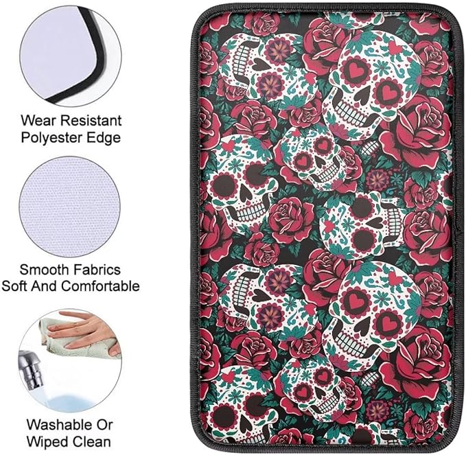 Rose Sugar Skull Car Center Console Cover Breathable Soft Car Armrest Cover Cushion Non Slip Middle Console Protector Mat Sugar Skull Auto Interior Accessories Decor