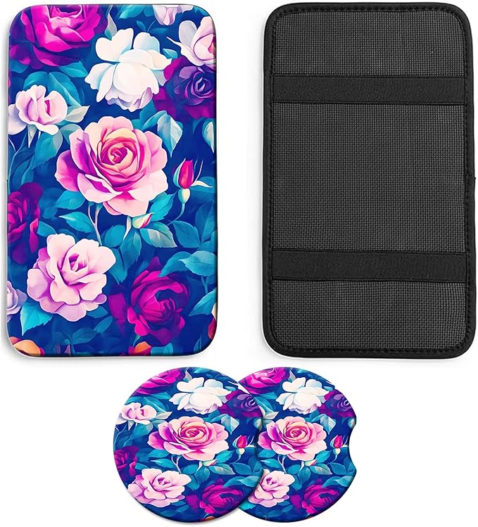 JANENFNA Car Armrest Cover Pads Universal Fashion Cute Auto Center Console Armrest Cover Pad with 2PCS Car Coasters Soft Waterproof Car Armrest Seat Protector for Women,Colorful Rose