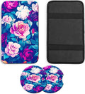 JANENFNA Car Armrest Cover Pads Universal Fashion Cute Auto Center Console Armrest Cover Pad with 2PCS Car Coasters Soft Waterproof Car Armrest Seat Protector for Women,Colorful Rose