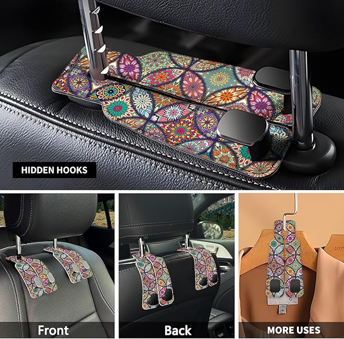 NUGGHU Car Seat Headrest Hook, Universal Leather Cute Hanger Holder Hook, Storage Organizer Interior Accessories for Purse Bags Handbag Luxury Mandala Pattern