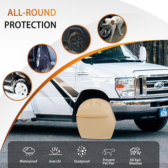JURMON Tire Covers 4 Pack,Tough Tire Wheel Protector for Jeep, Camper, SUV, Travel Trailer,RV, Truck,Universal Outdoor Waterproof Anti-UV Snow Sun Rain Set Fits Tire Diameters 27-29 Inches