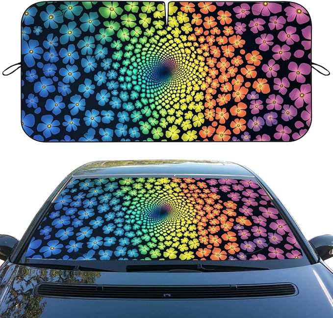 Flowers Car Windshield Sunshades Dream Rainbow Spiral Floral Pattern Front Window Sun Shade Block UV Rays Sun Shade Visor Protector for Car Sedan Truck SUV Accessories 59" L x 31.5" W