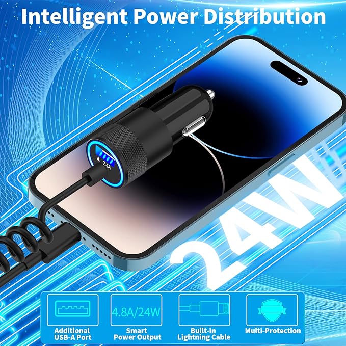 [Apple MFi Certified] iPhone Car Charger Fast Charging, Rombica 4.8A USB Car Power Cigarette Lighter Car Carplay Charger with 6FT Coiled Lightning Cable for iPhone 14 13 12 11 Pro Max XS XR X SE iPad