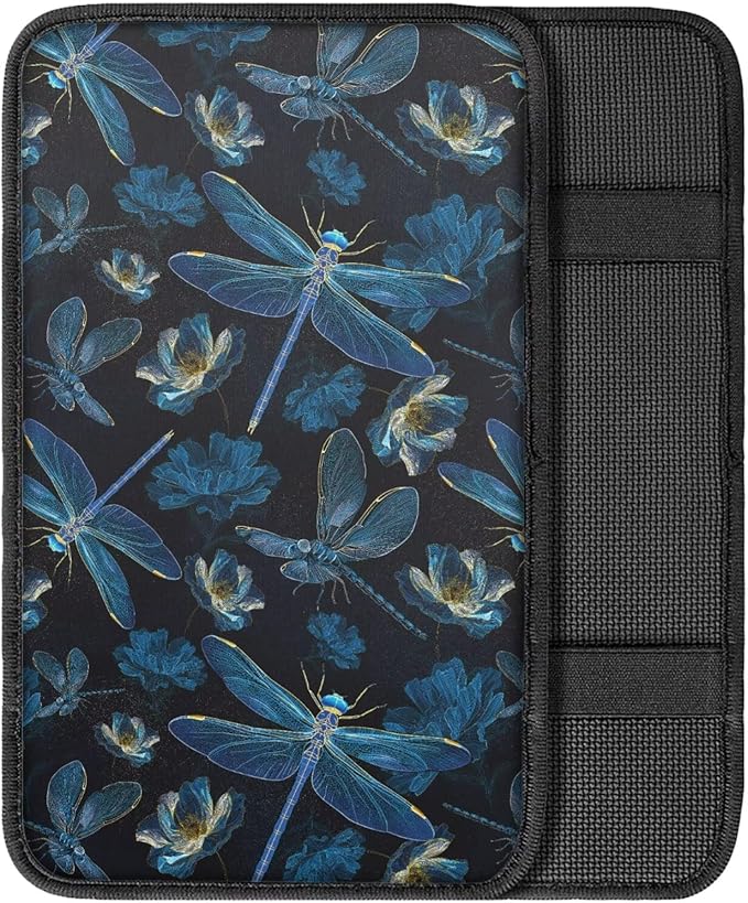 Dragonfly Flower Print Auto Armrest Box Cover Universal Decorative Car Center Console Armrest Cushion Cover for Sedan SUV Truck