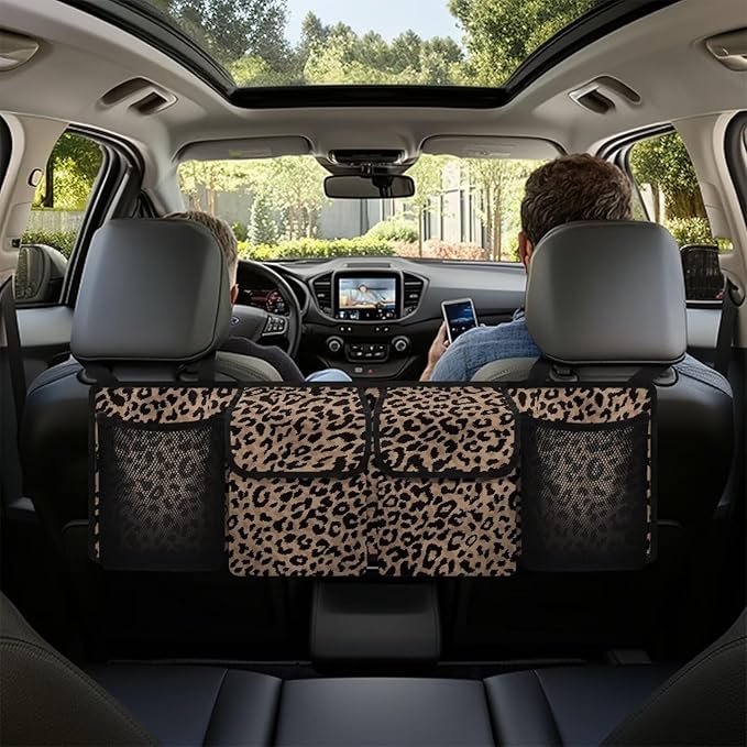 Brown Leopard Print Trunk Organizer Car Women Sturdy Car Organization Waterproof Back of Seat Car Organizer,Easy to Install