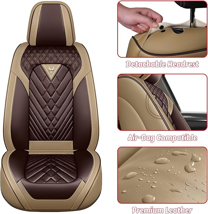 LPDK Fit for Kia Sportage Car Seat Covers Front Set 2pcs with Waterproof Leather,Lumbar Muscle Pain Healing Function,Airbag Compatible Automotive Breathable Seat Protectors(Ivory Coffee)
